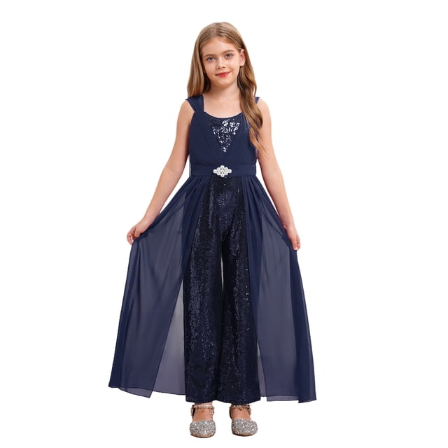 TiaoBug Combinaison à Sequins pour Filles Combinaisons Sans Manches Robe Maxi en Chiffon Combinaisons pour 7-14 Ans Bleu Marine 12