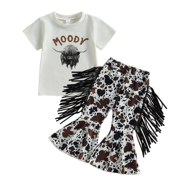 Blusa Mangas Cortas Ropa de verano para niñas, trajes, Tops estampados + pantalones acampanados con borlas, trajes de 2 uds. Ygjytge Marrón T 3-4 años Única para Niña