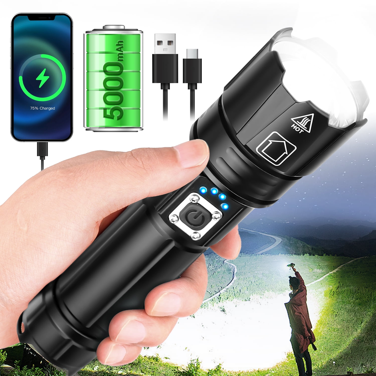 Powerful Flashlight 10000 Lumens, USB Rechargeable XHP70.2 Flashlights High Lumens LED Torch Powerful Tactical Flashlight 5 Modes, Zoomable with Power Display and USB Output for Emergency