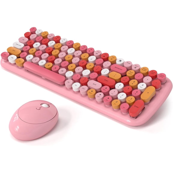 Wireless Keyboard and Mouse Combo, - Modern Compact Layout, Colorful Compact Candy Mouse and Retro Round Keyboard Set with Cover, for PC/Laptop/Windows/Mac - Pink Colorful
