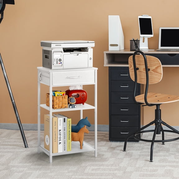 White 3-Tier Printer Stand with Drawer, Small Table with Storage for Home Office, Bedroom, or Living Room