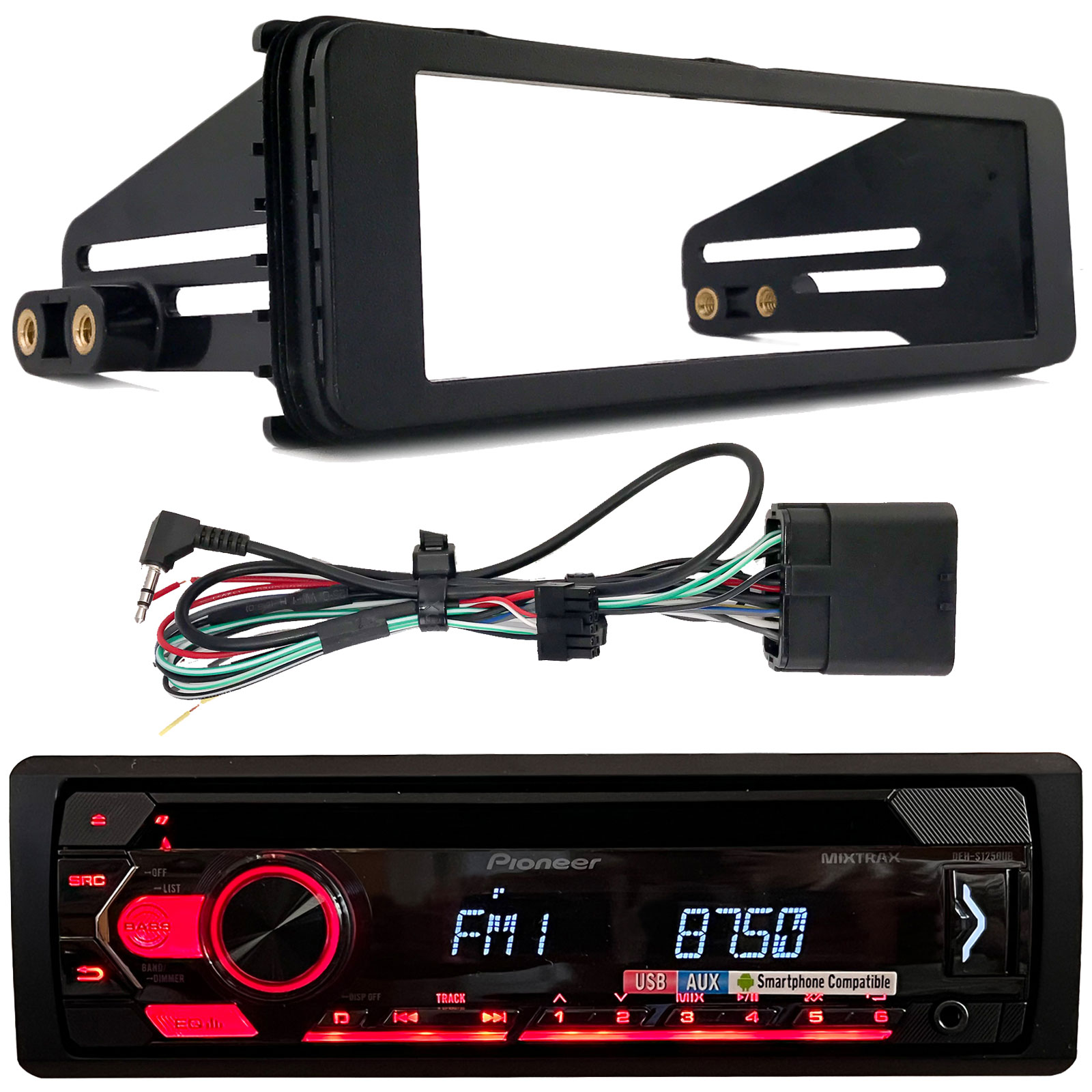 Pioneer DEH-S1250UB Single DIN AM/FM Radio Stereo USB AUX CD Player Receiver Bundle Combo with Single-DIN Stereo Installation Kit (Fits Select 1998-2013 Harley Davidson Touring Motorcycles) - image 1 of 3