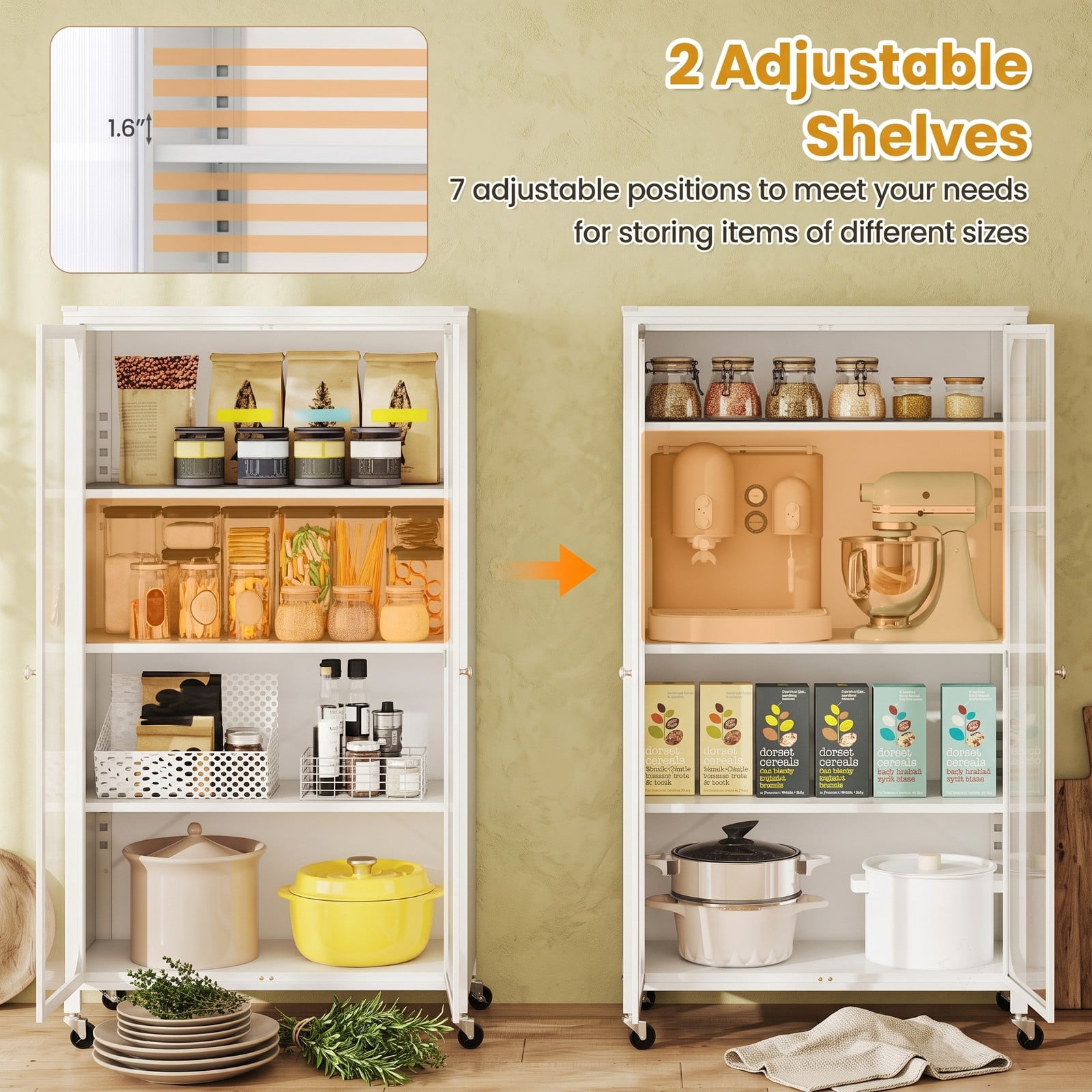 Furnibear 58 Inch Metal Bookcase with Adjustable Shelves, 4-Tier Rolling Storage Cabinet with Lockable Wheels, Transparent Doors and Anti-Tipping Kit for Home, White