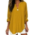 thumbnail image 3 of CAMERIARI Solid Color Long Sleeve V-Neck Tshirts Shirts for Women, Size XL-5XL, Big&Tall, Yellow, Women's Long Sleeve Solid Color Button V Neck Cotton and Linen Shirt Loose T Shirt, 3 of 3