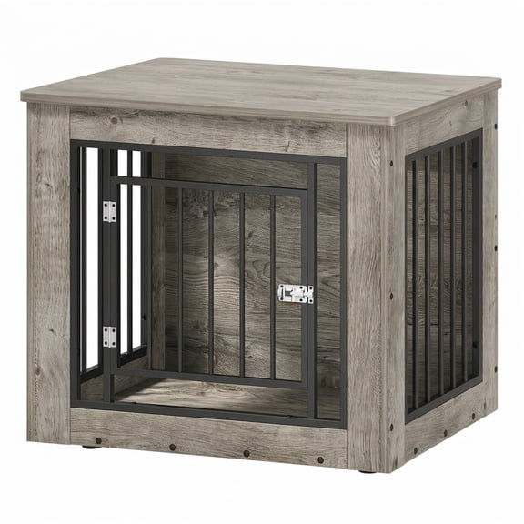 Dog Crate Furniture End Table, 30 in Wooden Indoor Kennel for Medium Dogs - Heavy-Duty Chew-Resistant - Metal Bars & Secure Fastener, Easy Assembly - Gray