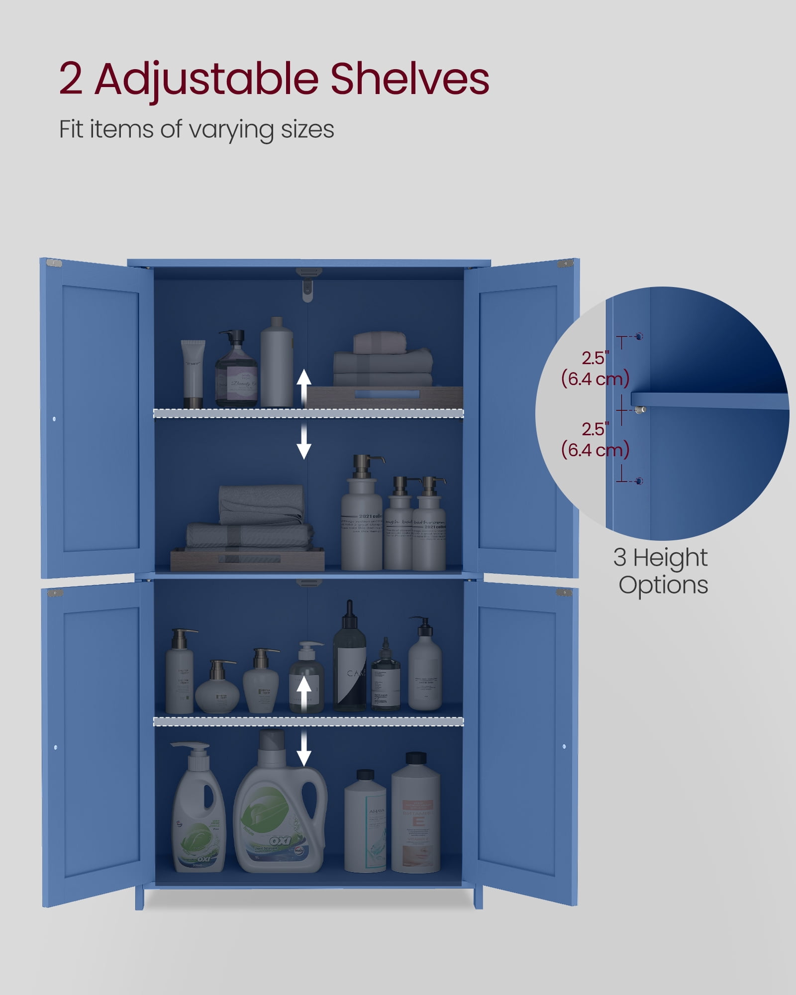 VASAGLE Floor Storage Cabinet, Shaker Cabinet with 2 Adjustable Shelves, 4 Doors, Tall Freestanding Organizer Unit, Bijou Blue