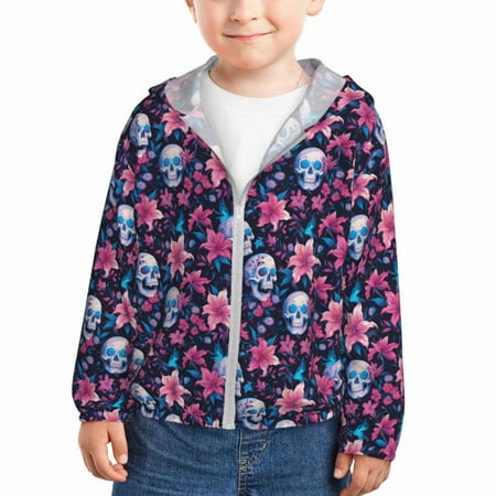 

Qekee funny Skull daisy flower Print UPF 50+ Kids Sun-Protective Hooded Long Sleeve Rash Guard for Fishing Water Beach Sports -3 Years