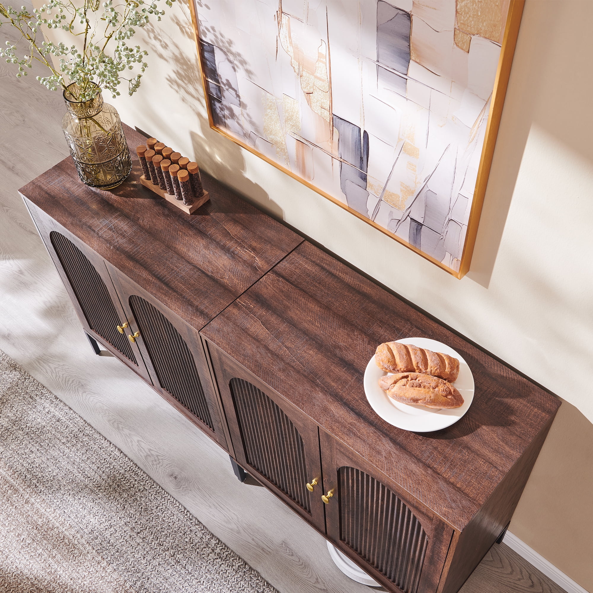 SinCiDo Buffet Cabinet with Storage, 34" Tall Wooden Arched Sideboard Cabinet with/Adjustable Shelf, Fluted Accent Cabinet for Dining Room, Kitchen