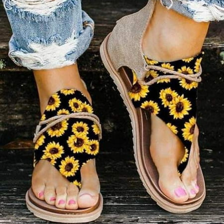 

YANHOO Roman Sandals for Women Sunflower Print Gladiator Flat Slipper Dressy Summer Slip On Sandals Comfy Open Toe Sandal for Beach Travel