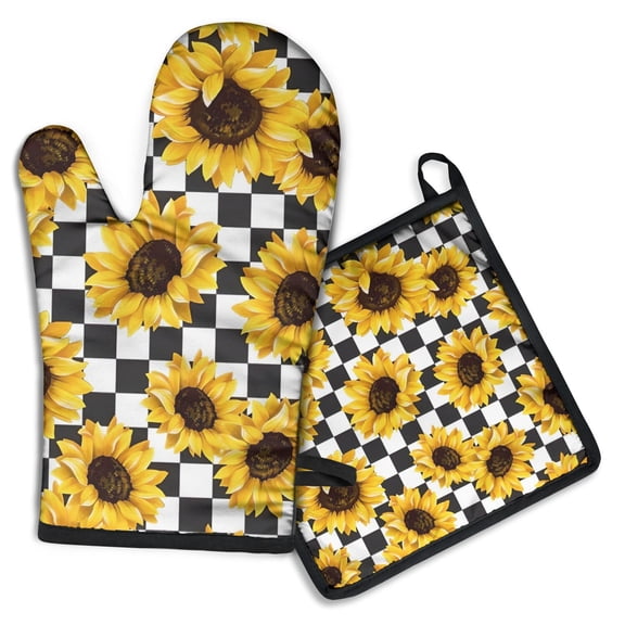 Black White Checker Sunflower Pattern Kitchen Oven Mitt and Pot Holder Sets 2 Pcs for Baking, Cooking and Grilling, Heat Resistant Up To 392 °F