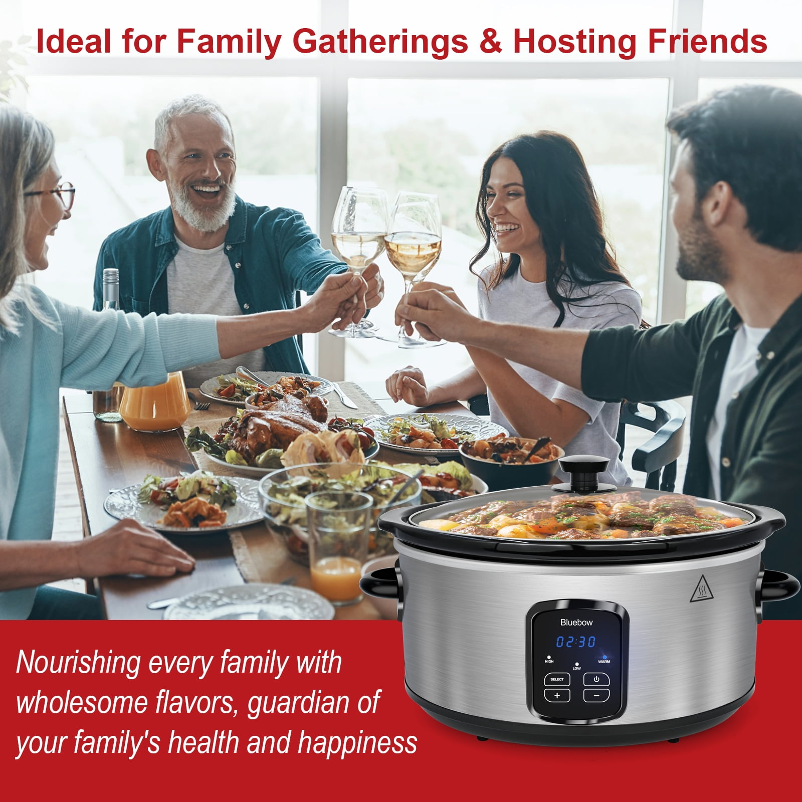 Bluebow 6QT Slow Cooker, Stoneware Crock with Removable Pot, 3 Heat Settings, Non-Stick & Auto Keep Warm, Stainless Steel