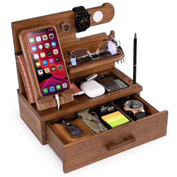 Mesita de noche TESLYAR de madera con cajón para teléfono, color beige