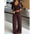 thumbnail image 6 of Women's V Neck Ribbed Crop Long Sleeve Top Drawstring Wide Leg Pants Two Piece Set Brown S, 6 of 9