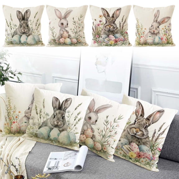 Pillow Covers 18x18, Short Lint Easter Decorations Bunny Throw Pillow Covers, Flower Cushion Cover for Spring Decor Bedroom Couch, White