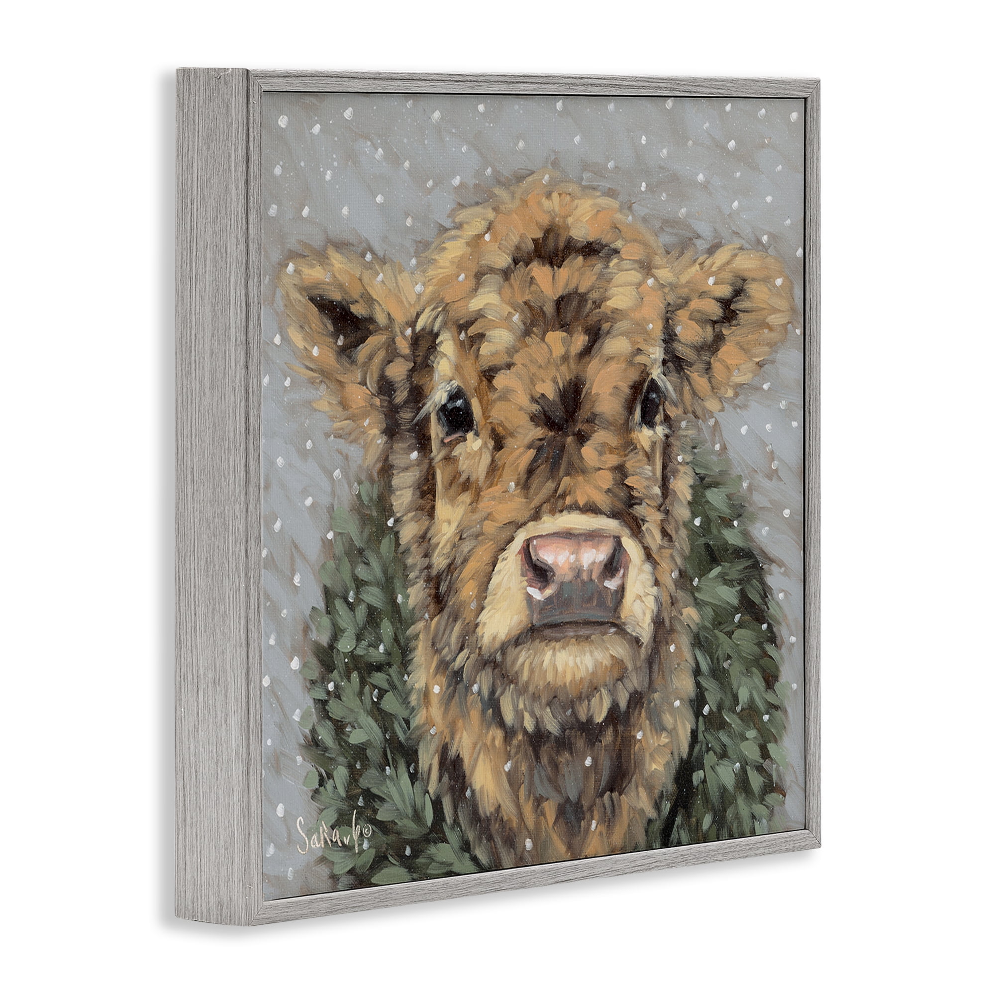 Stupell Industries Snowy Cattle & Wreath Animals & Insects Painting Gray Framed Art Print Wall Art, 17 x 17