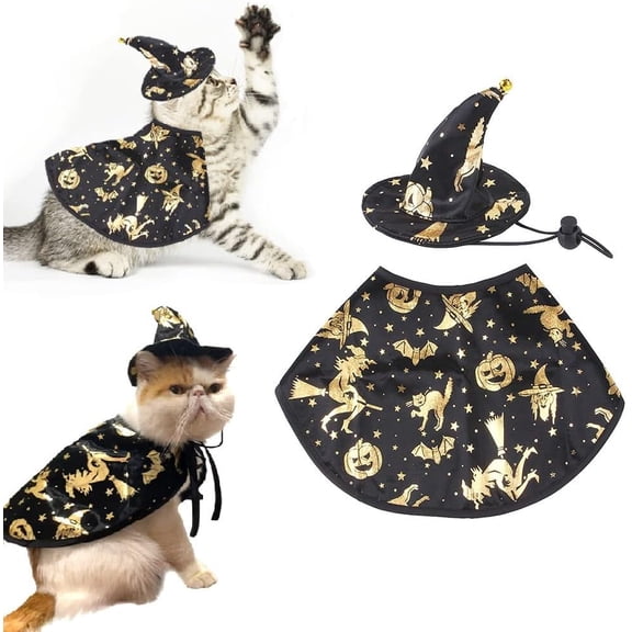 Pet Halloween Witch Costume Cape Hat Set for Dogs Cats, Spooky Wizard Vampire Cloak, Cosplay Party Apparel Clothes Outfit(RL)