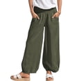thumbnail image 3 of Women Cotton Palazzo Pants Summer Boho Wide Leg High Waist Casual Lounge Pant Vacation Outfits Olive Green M, 3 of 8