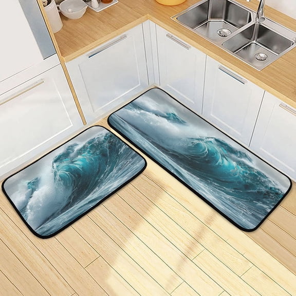 Dailycode 2 Pcs Kitchen Rug Set Non Slip Absorbent Soft Floor Mats for Kitchen Bathroom Sea Wave 19.7"x27.6" 19.7"x47.2"