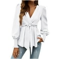 thumbnail image 2 of XUNKUSGA Blouses for Women Trendy Wrap V Neck Tie Front Womens Tops Fashion Ruffle Balloon Long Sleeve Going Out Top Classic Soild Color Shirts for Women S-2XL White, 2 of 9