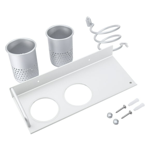 3-en-1 Support de Sèche-Cheveux, Brosse À Dents Murale Ventilateur Rack de Rangement Étagère en Métal avec 2Pcs Cups, Salle de Bain Outil de Soin de Coiffure Organisateur pour La Famille, Hôtel