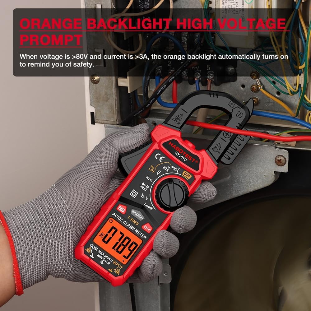 HT207D 4000 Counts Digital Clamp Meter, Handheld Multimeter, AC DC Voltage, Current Voltmeter, Diode Resistance, High Precision Multifunctional Digital Display Clamp Meter