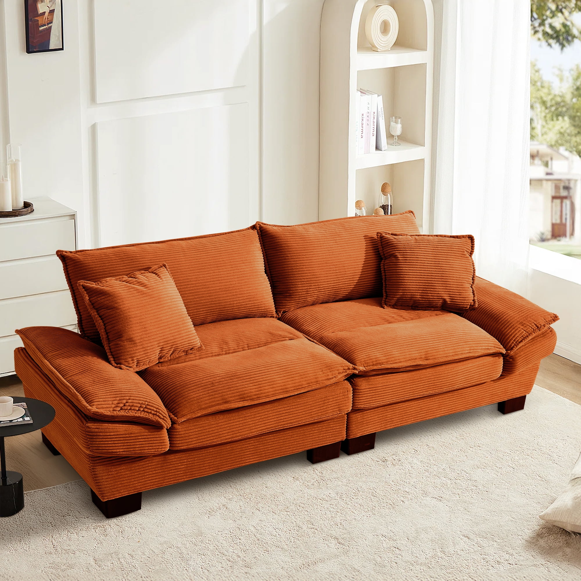 Dinosisco 84"L Deep Seat Sofa, Corduroy Upholstered Sleeper Couch for Living Room, Orange