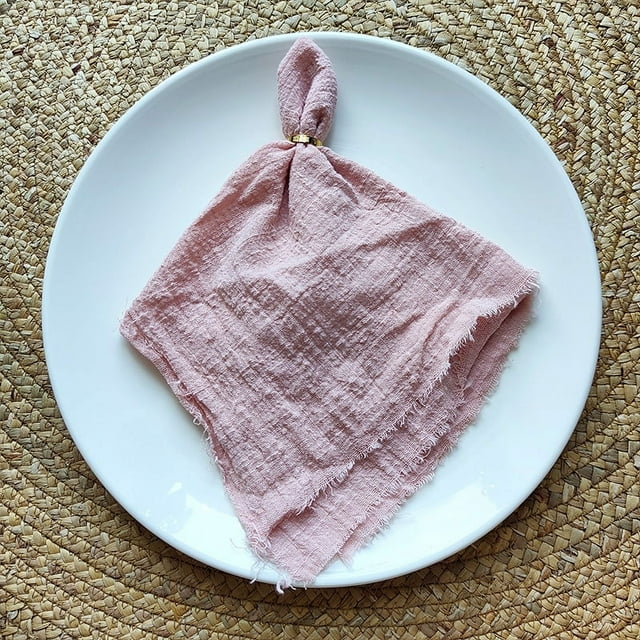 Xiao Hua Servilletas de tela de 42 x 42 cm (juego de 4), de gasa de lino con flecos, reutilizables, suaves y con flecos, para cenas, fiestas, Navidad y bodas (rosa claro).