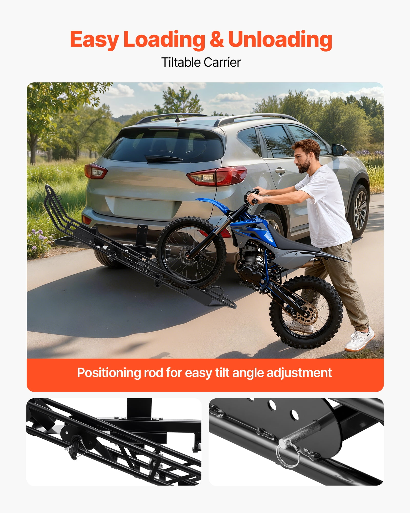 VEVOR Motorcycle Carrier, 500 lbs Capacity, Heavy Duty Steel Hitch Mount Rack with Anti-Tilt Lock Device,Straps & Stabilizer, Scooter Dirt Bike Trailer Hauler for Car Truck with 2-Inch Hitch Receiver