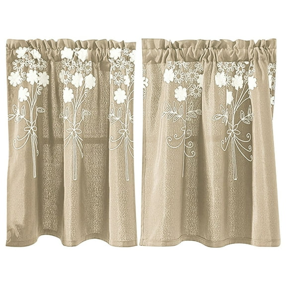 Qocolhg Embroidered Window Kitchen Tier Set Rod Pocket Short Curtain for Bathroom Kitchen Cafe Curtains, Blackout Curtains Set of 2 Panels, 29" x 24" Curtains under $10, Light Brown