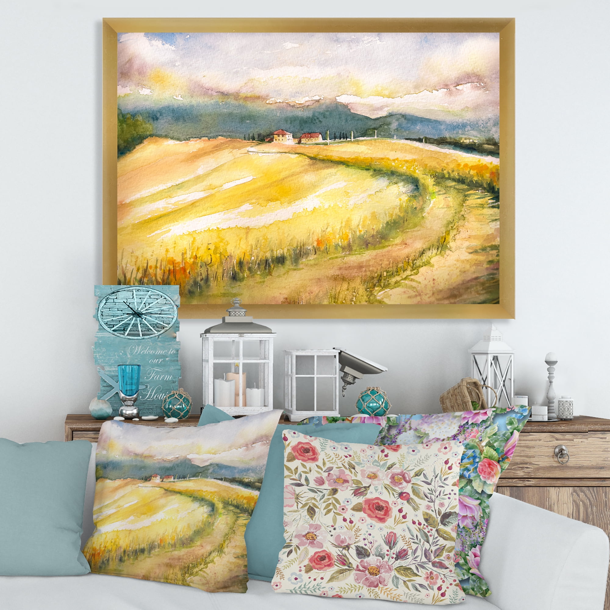 Designart 'Golden Grass Fields of Tuscany Italy' Country Framed Art Print