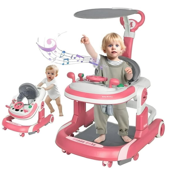 LHUAI 5-in-1 Baby Walker With Bouncer, Removable Footrest, Feeding Tray & Music, Foldable & Adjustable Activity Walker For Boys And Girls, Toddler Infant, Pink