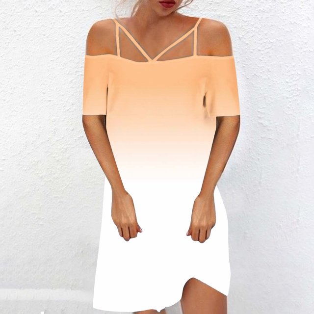 TIMIFIS Robe Courte d'Été pour Femme, Robe T-Shirt Décontractée, Bretelles Spaghetti Ajustables, Épaules Dénudées, Robe à Dégradé de Couleurs - Printemps/été