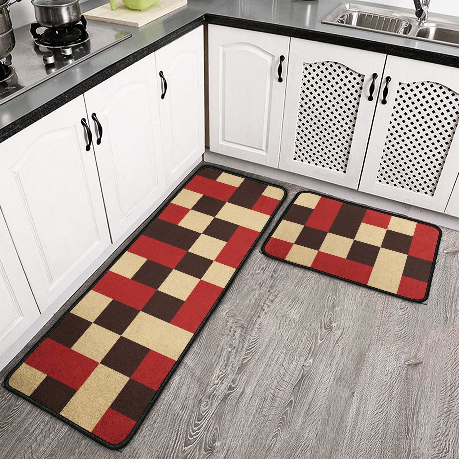 Logieut Red Black Grey White Kitchen Rug Set of 2, Modern Abstract Kitchen Floor Mat Rugs Carpet- Geometric Black White Red Kitchen Decor and Accessories