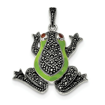 - Sterling Silver Marcasite With Garnet and Green Epoxy Frog Pendant