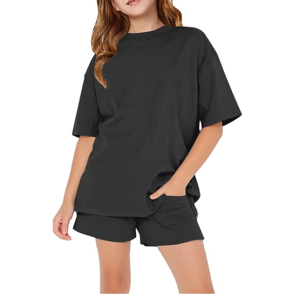 UACY Girls Two-Piece Set, Short Sleeve T-Shirt and Elastic Waist Drawstring Shorts with Pockets, Summer Outfit (Black, 4-5 Years)