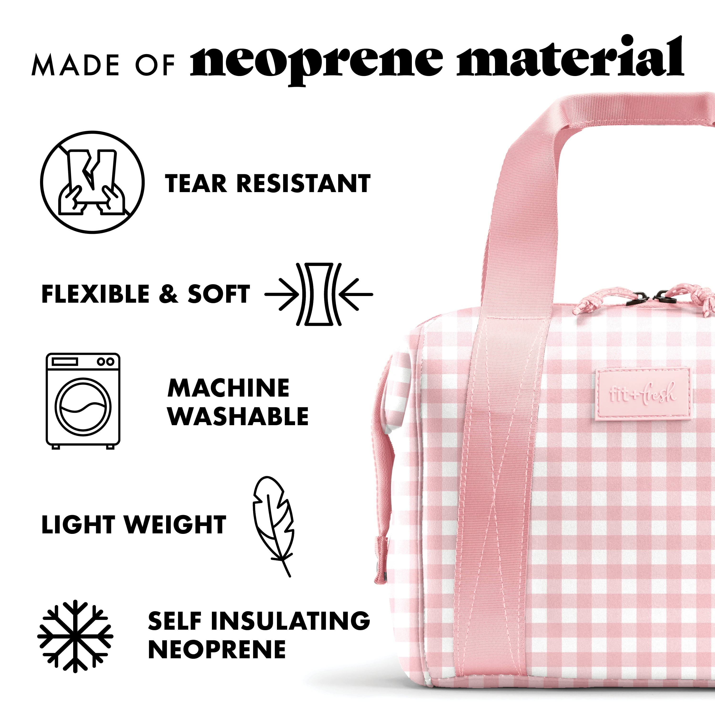 Fit + Fresh Remi Women's Lunch Bag, Self Insulating Neoprene Material Lunch Box With Containers & Ice Pack, Pink Gingham