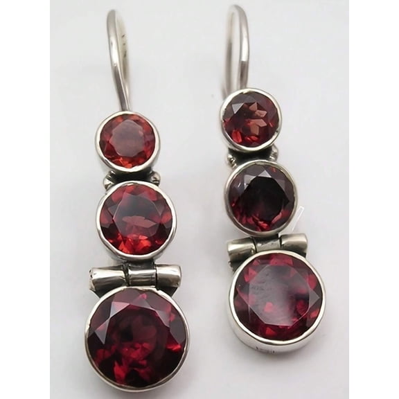 Red Triple Round Dangle Earrings With Faceted Gemstones In Silvertone