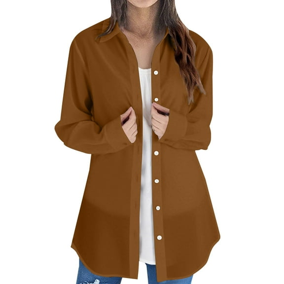 ZJXFGS Button Down Shirt Jackets for Women Basic Work Office Casual Tops Women Long Sleeve Plain Tops Plus Size Shirts Blouses Tops Brown S