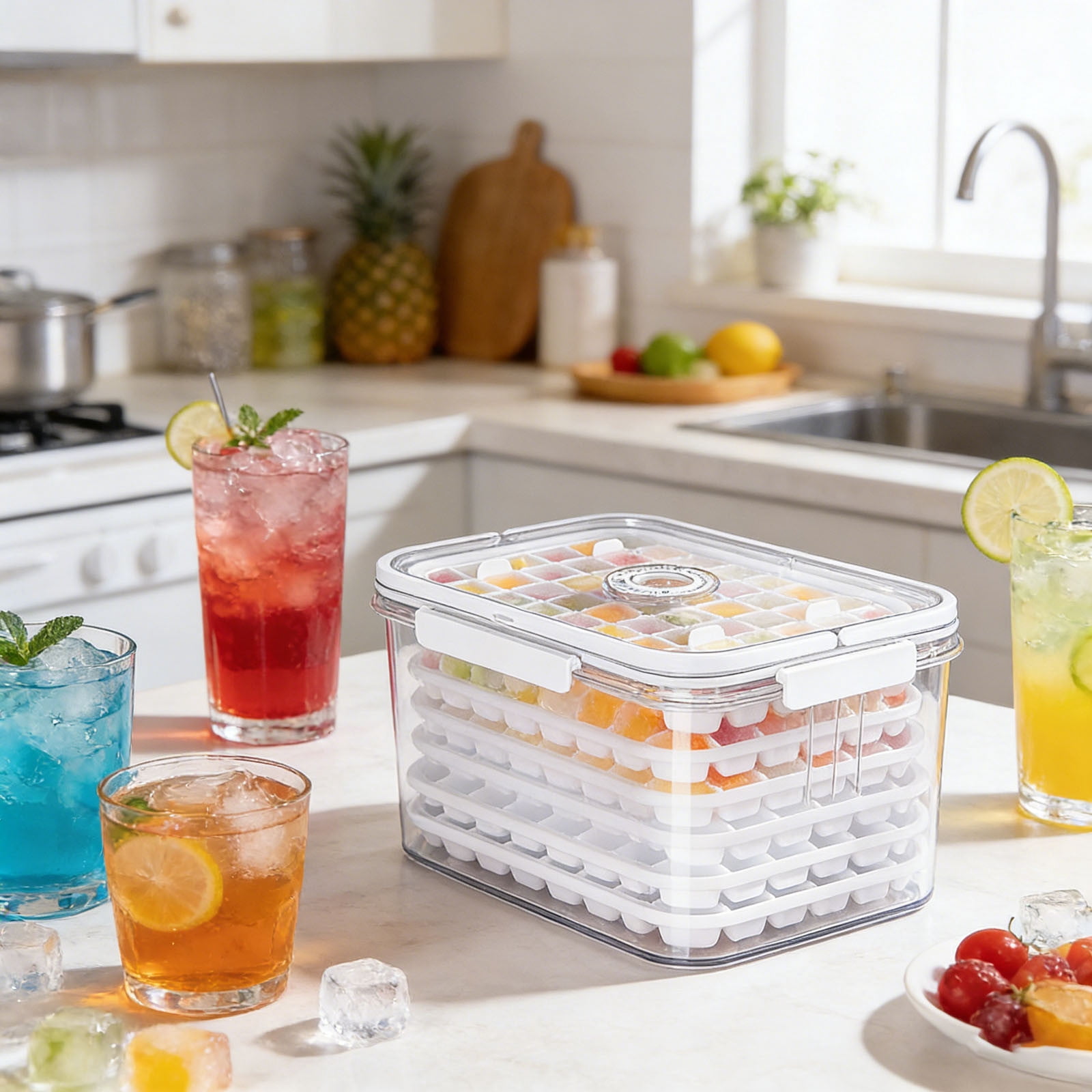 Summer Ice Mold Slow Melt Large Ice Cube Tray with Storage Bin and Lid Stackable Ice Container Box Giant Ice Cube Makerfor Home Bar Party Kitchen