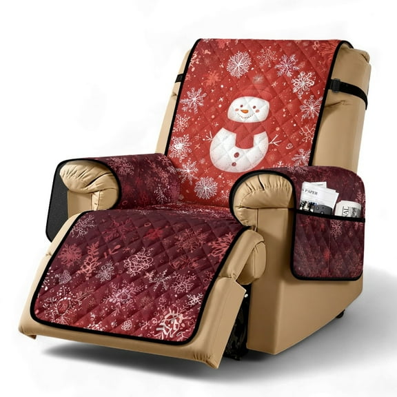 TSOVTHRID Cute Snowman Snowflake Red Print Non-Slip Recliner Sofa Cover Washable Recliner Slipcover Soft Furniture Protector Covers with Elastic Strap Reclining Couches for Christmas Decor