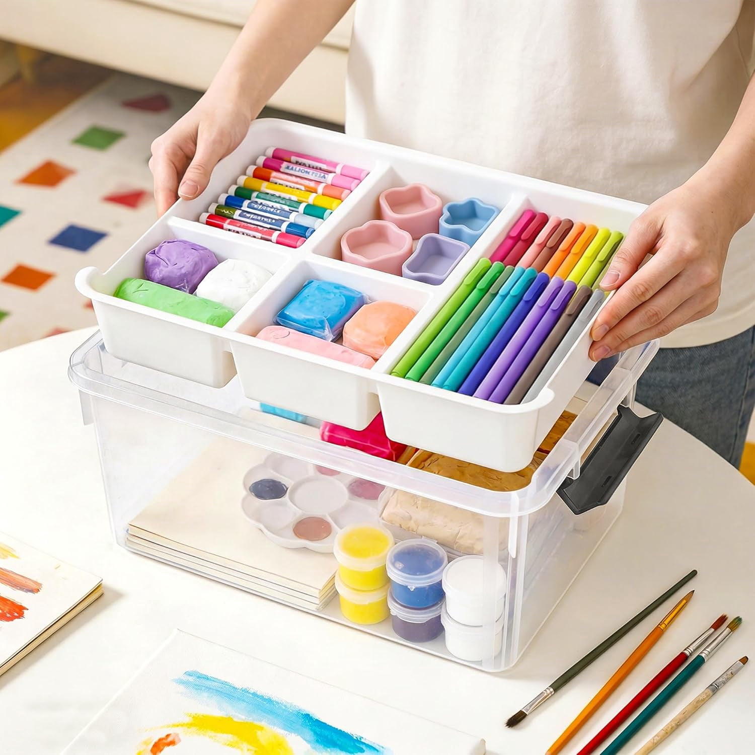 17 QT Clear Stackable Craft Storage with 1 Removable Fixed-Compartment Tray, Craft Organizers and Storage for Painting, Coloring Book & Playdoh Supplies, 2 Packs