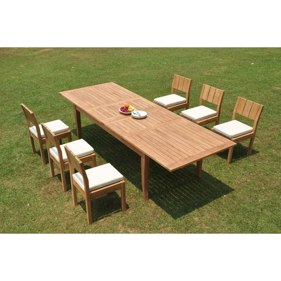 Grade-A Teak Dining Set: 6 Seater 7 Pc: 122" Atnas Double Extension Rectangle Table And 6 Veranda Armless Chairs Outdoor WholesaleTeak #WMVR13