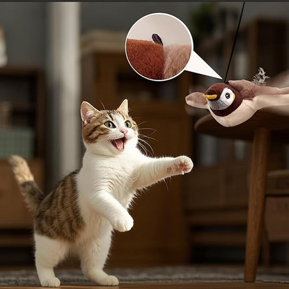 Flying Bird Cat Toy, Motion Activated Simulated Chirping Toy with Feather Tail, Remote Control Cat Toy with Catnip, Interactive Pet Play Toy for Cat Exercise and Entertainment
