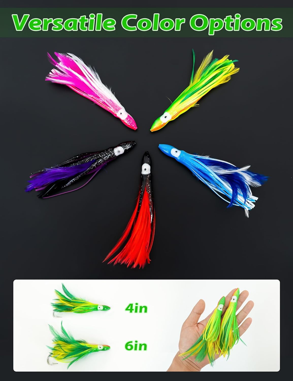 BLUEWING Tuna Feather Daisy Chain Squid Chain Fishing Teaser Lure with 4in Feathered Trolling Squids and Stainless Steel Trolling Hook Big Game Trolling Lure for Tuna Mahi Wahoo Marlin, Yellow/Green