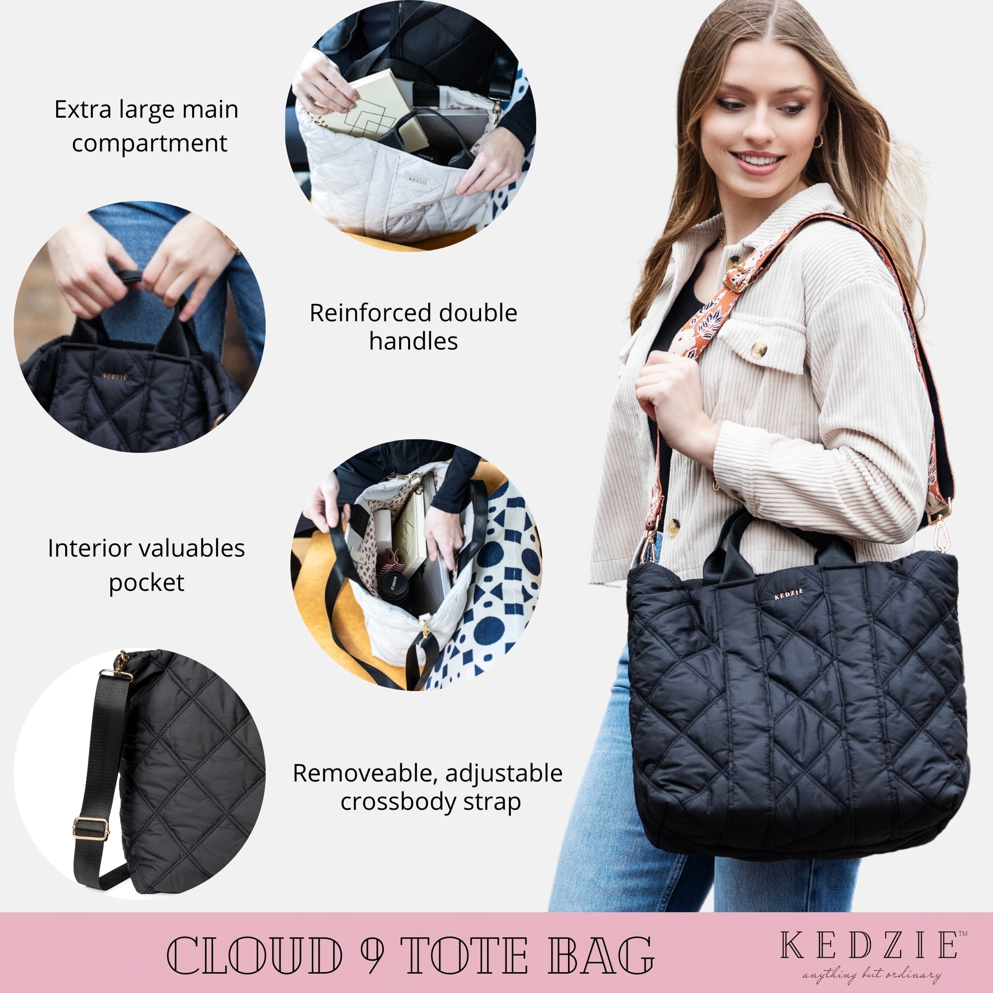 Kedzie Cloud 9 Tote Bag Quilted Puffer Crossbody Purse, Midnight Black (Women's)