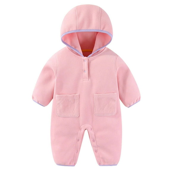 Busydd Baby Girls' Clothing 3 Months-3 Years Solid Color Long Sleeve Fleece Baby Boy Romper Warm Comfy Button Hooded Toddler Boy Clothes