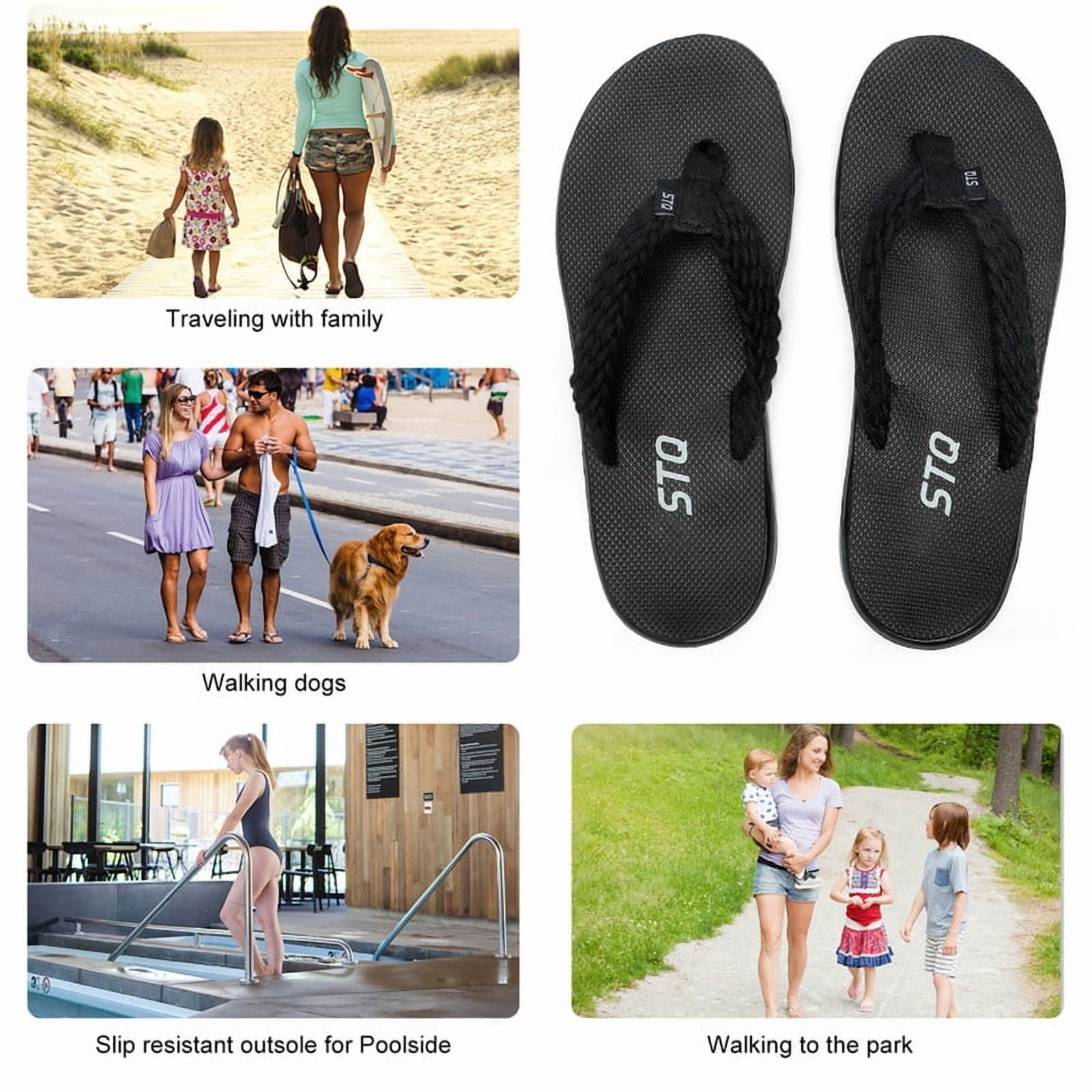 Flip Flops for Women Quick Dry Yoga Mat Beach Sandals Comfortable for Summer All Black Size 8
