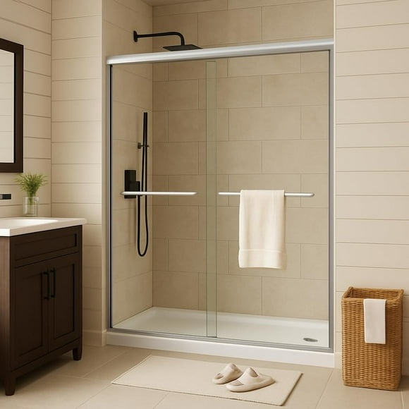 Sliding Shower Door, Semi-Frameless Double Sliding Glass Door with 1/4" (6mm) Clear Tempered Glass, Stainless Steel Hardware for Bathroom