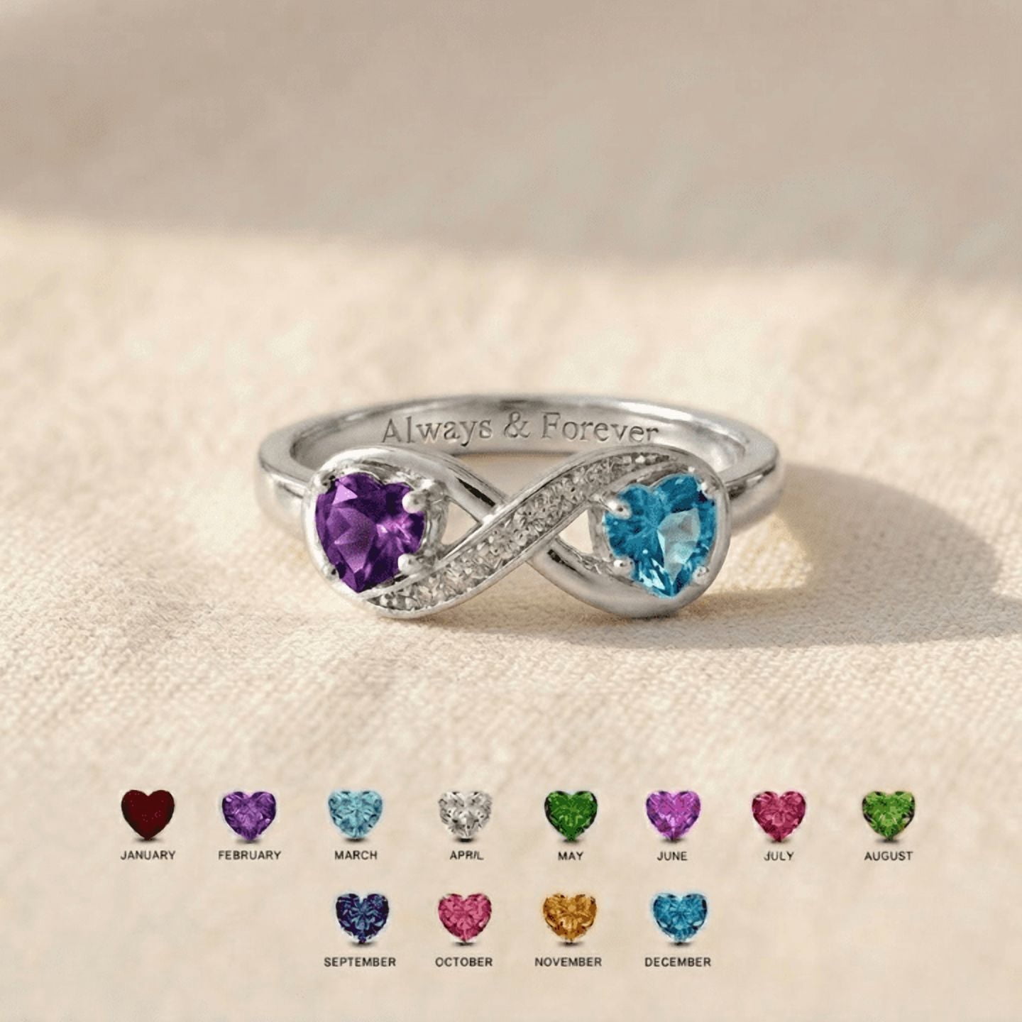 Personalized 2 Birthstone Infinity Ring for Mom | Engraved Family Ring Gift | Mothers Day Jewelry for Mother Grandma