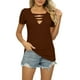 thumbnail image 1 of Tops de verano para mujer, camisa informal ajustada con cuello en V, manga corta, Color puro, diseño recortado, para fiesta, oficina, viajes, café L, 1 of 6